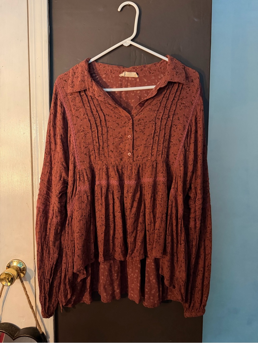 Lucky Brand Rust Floral Pintuck Tunic Blouse